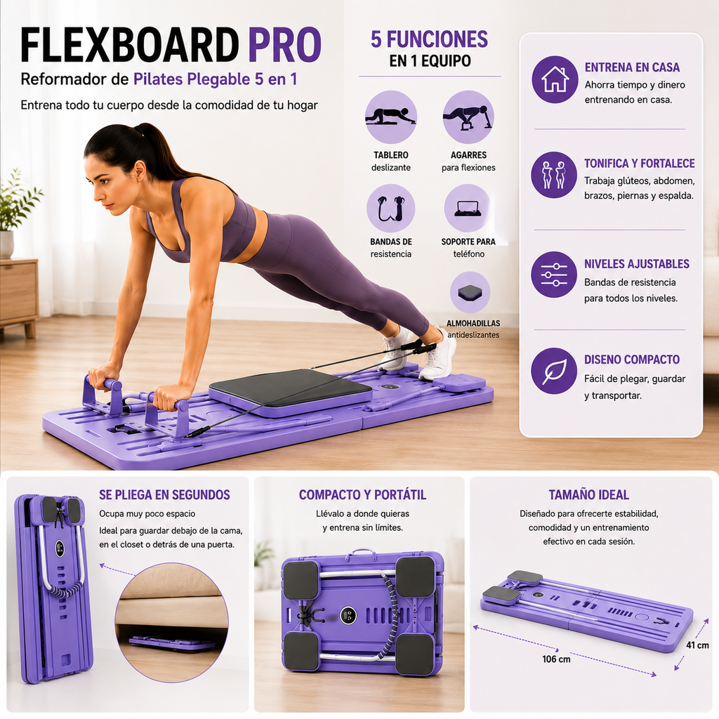 FlexBoard Pro™ — Reformador de Pilates Plegable 5 en 1