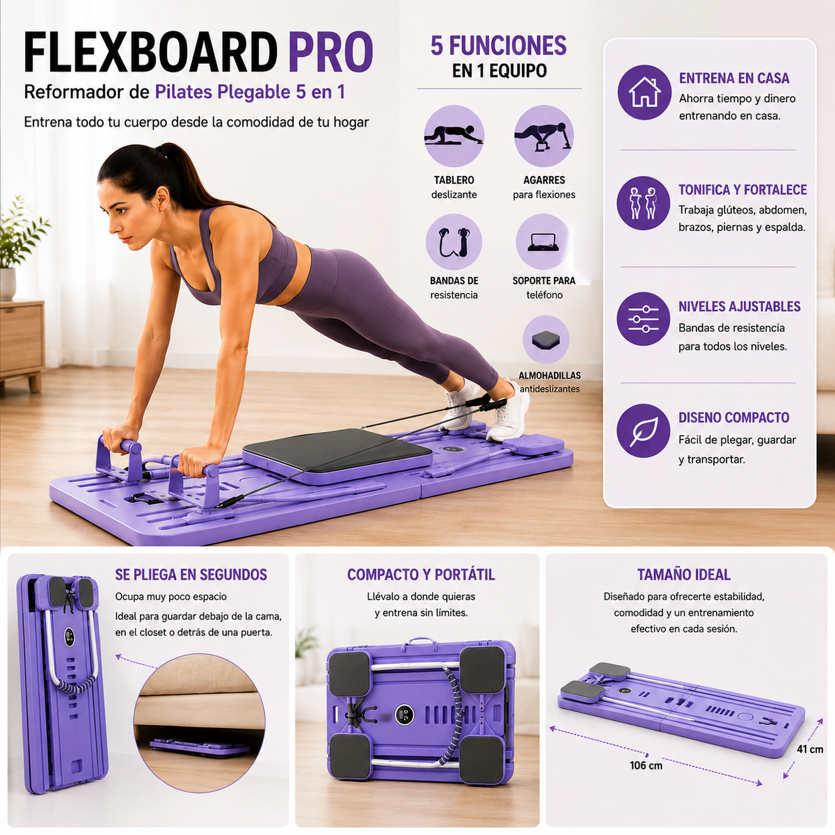 FlexBoard Pro™ — Reformador de Pilates Plegable 5 en 1