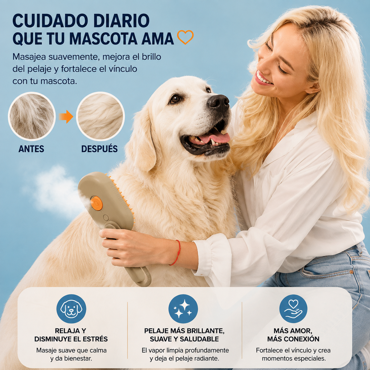 🐾 CEPILLO DE VAPOR 3 EN 1 PARA MASCOTAS