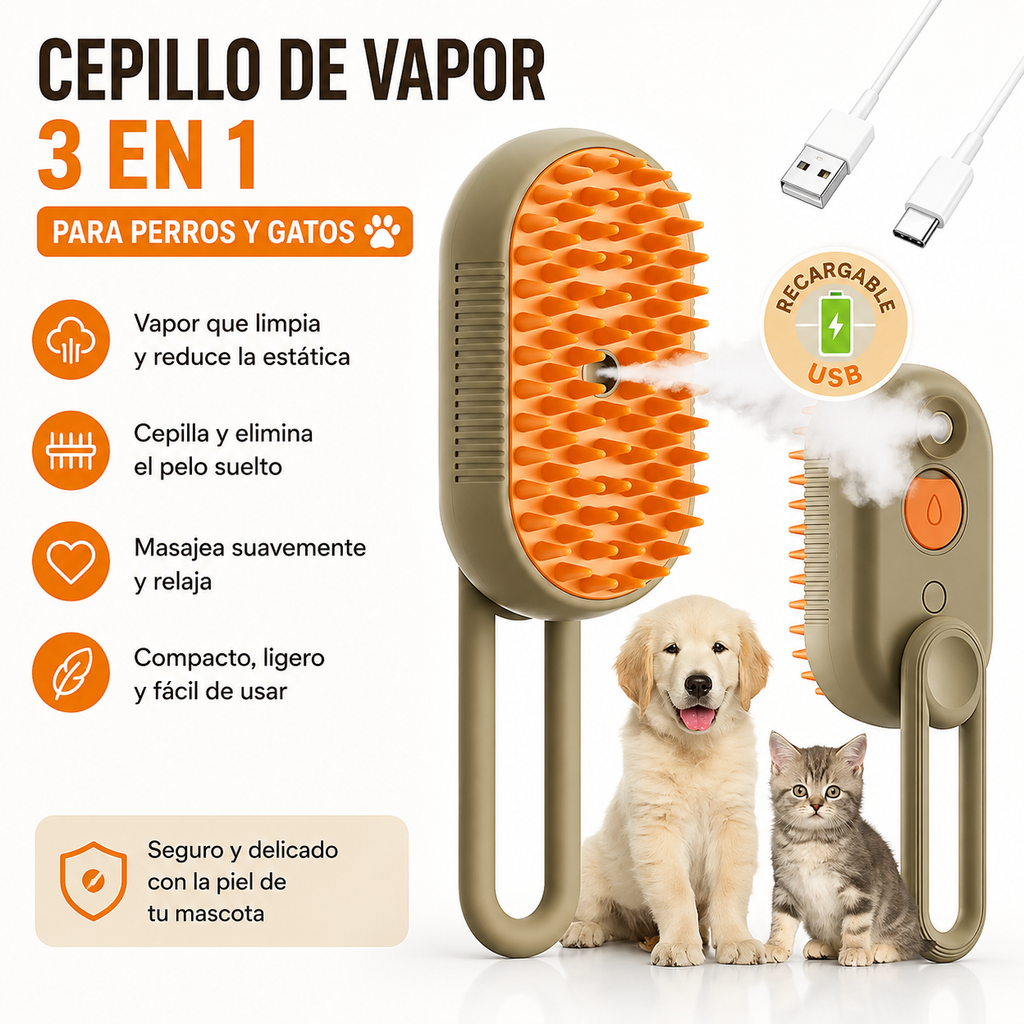 🐾 CEPILLO DE VAPOR 3 EN 1 PARA MASCOTAS