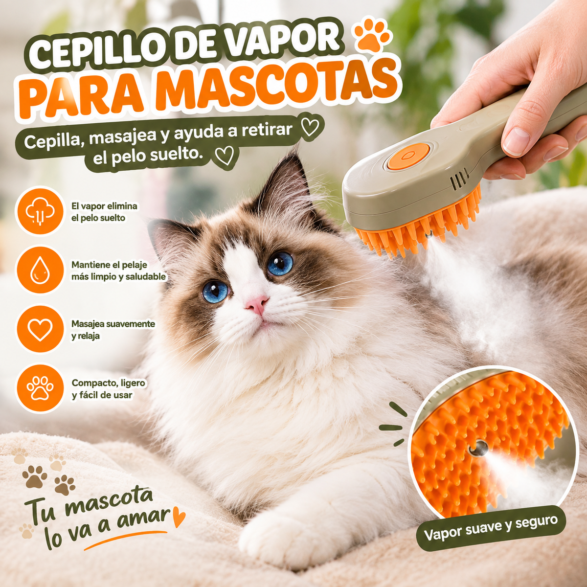 🐾 CEPILLO DE VAPOR 3 EN 1 PARA MASCOTAS